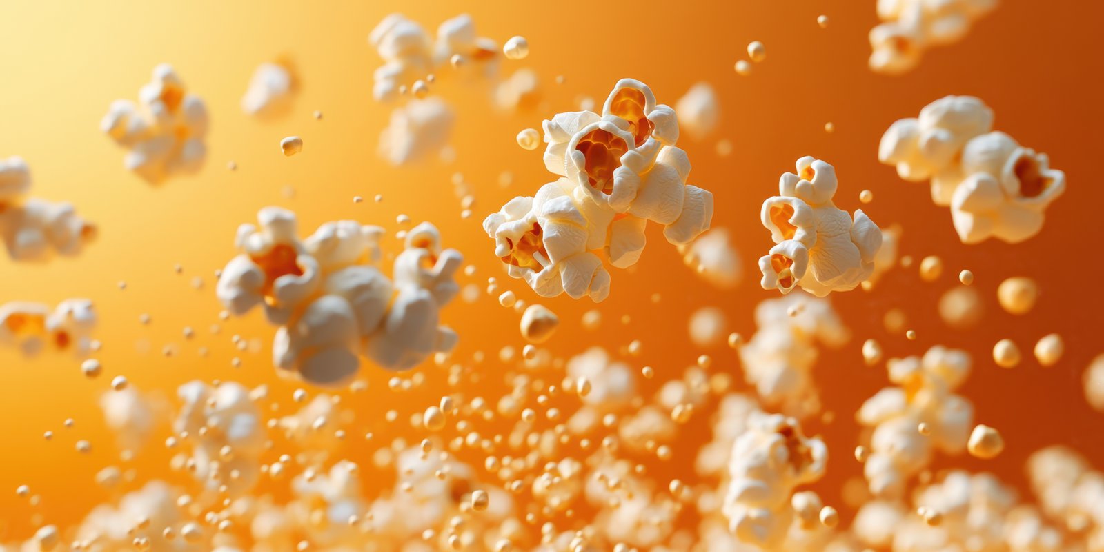 Floating popcorn kernels in the air creating a dynamic and playful atmosphere during snack time